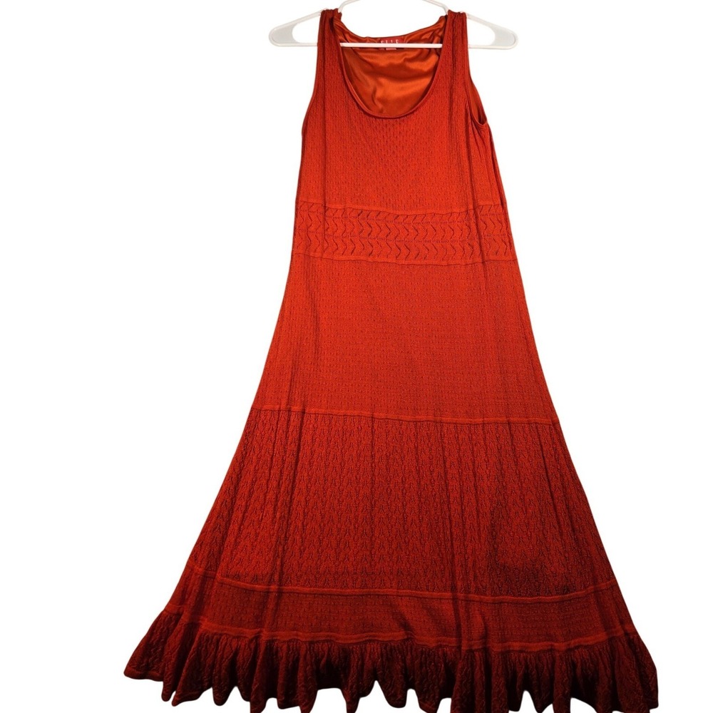 Elle Womens Orange Knit Pointelle Chevron Ruffle Hem Sleeveless Maxi Dress L